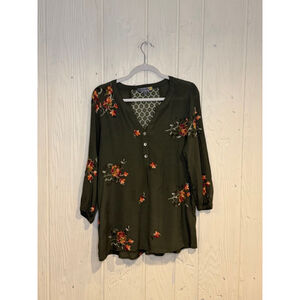 Women's Figueroa & Flower Olive Green Floral Embroidered Tunic Top L